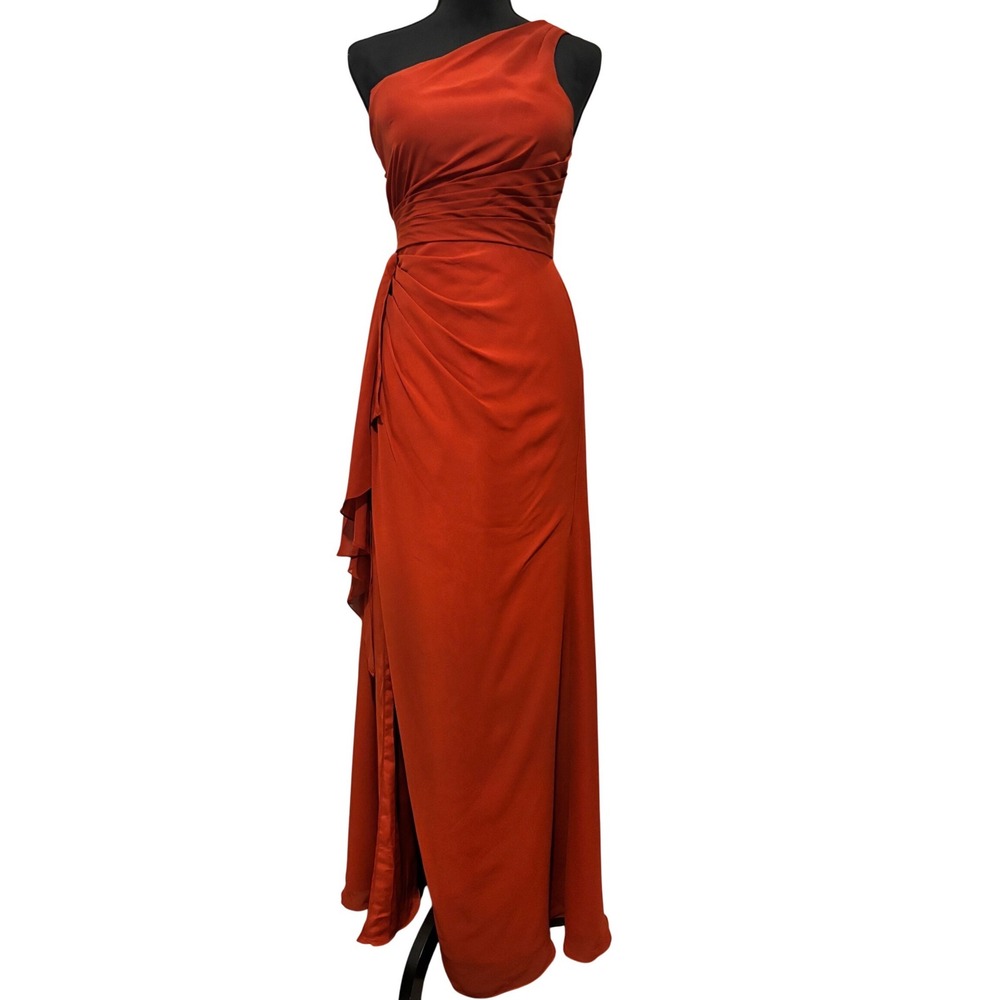JJ's House Gown Womens 2 Vermilion Orange One‎ Shoulder Ruched Slit Formal Dress - Picture 2 of 8